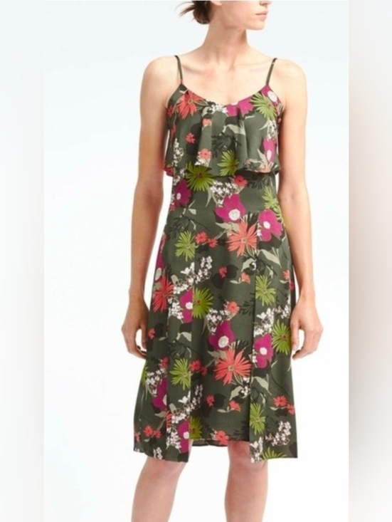 Banana Republic Dresses & Skirts - Banana Republic Olive Green Floral Spaghetti-Strap Dress - Size 14